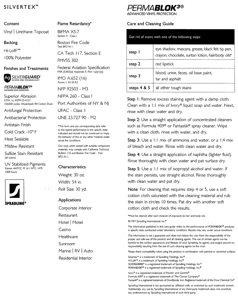 SilverTex Vinyl Color Specifications